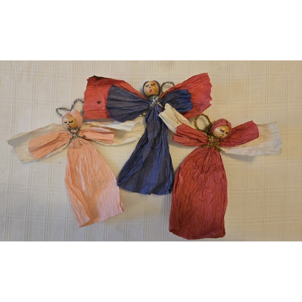 Set Of 3 VINTAGE HANDMADE ANGEL ORNAMENTS FOLK ART HANGING CHRISTMAS 8" RETRO